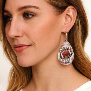 Football Teardrop Dangling Earrings Game Day Red Brown 2.28" Drop New